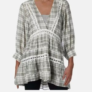FREE PEOPLE Boho Ivory Time Out Lace Tunic Top Medium Semi-Sheer 3/4 Sleeve